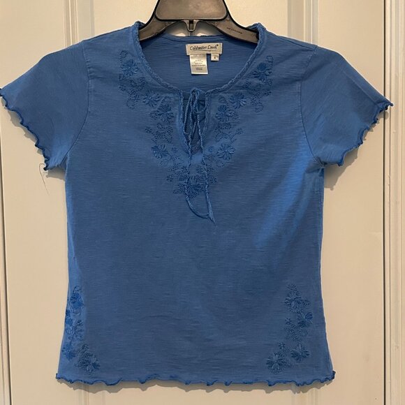 Coldwater Creek Blue Embroidered Cotton Short Sleeve Tie Neck Top S - Picture 1 of 7